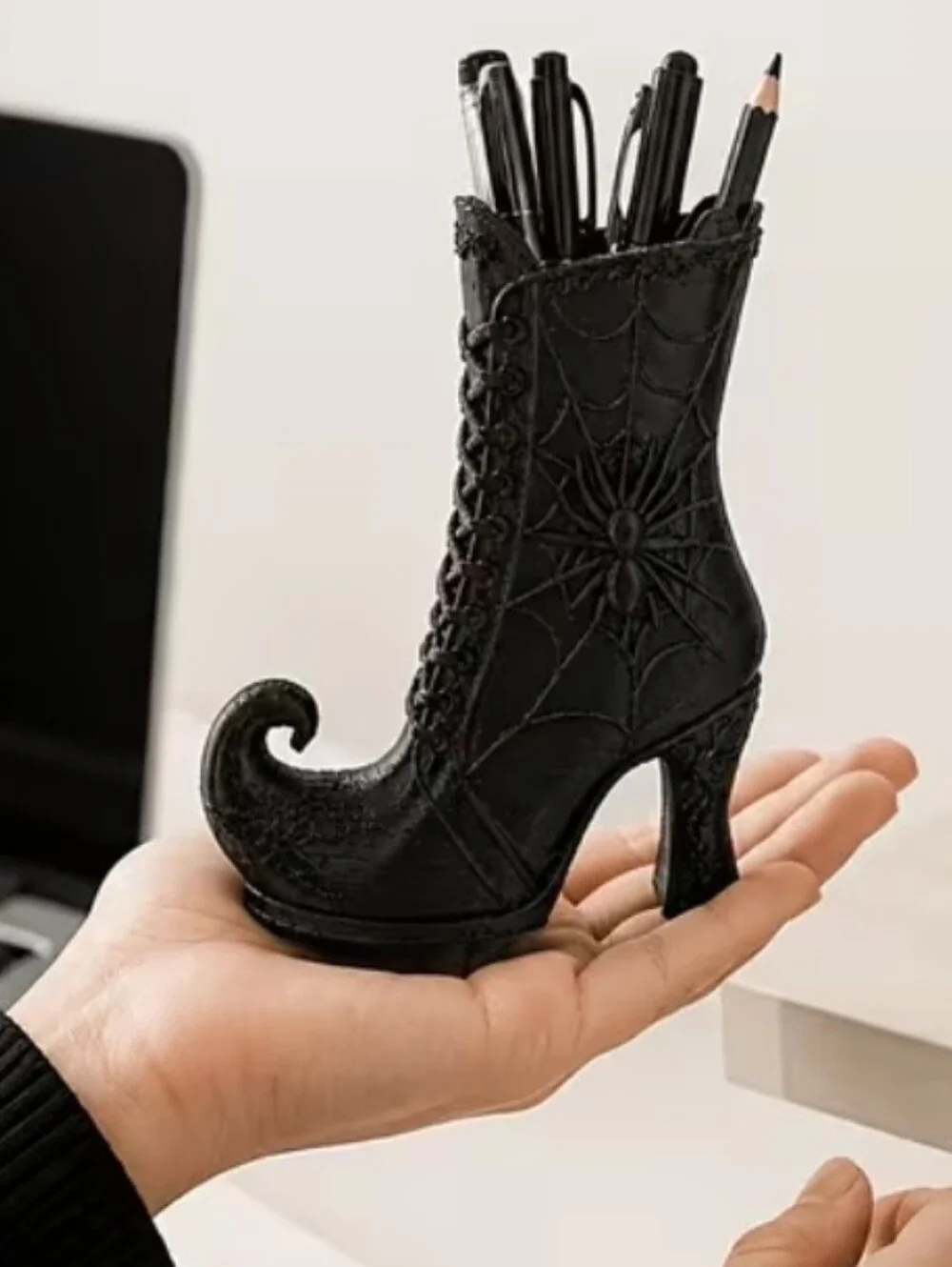 Gothic Black Spiderweb Boot Pen Holder - Home Office Décor